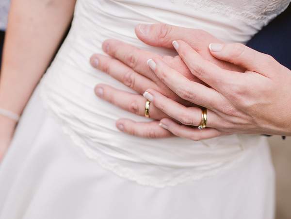 左手薬指に結婚指輪をする男女